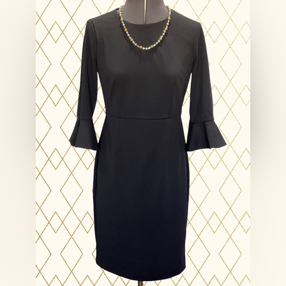 Donna Morgan Perfect Little Black Sheath Dress With 3/4 Length Bell Slee…